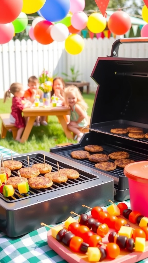 Outdoor barbecue party for kids with burgers, fruit skewers, and playful atmosphere.